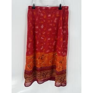 Fleurs Vintage Skirt Womens Medium Red Orange 90s Midi Bohemian Floral Geometric